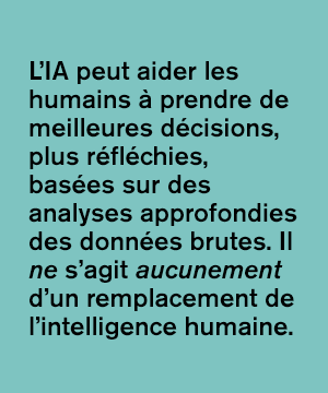 green background with the following text AI has great potential to help humans make better, more informed decisions based on the advanced analysis of raw data. It is not a replacement for human employees